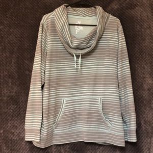 Grey and Mint Green Striped Cowl Neck Sweatshirt